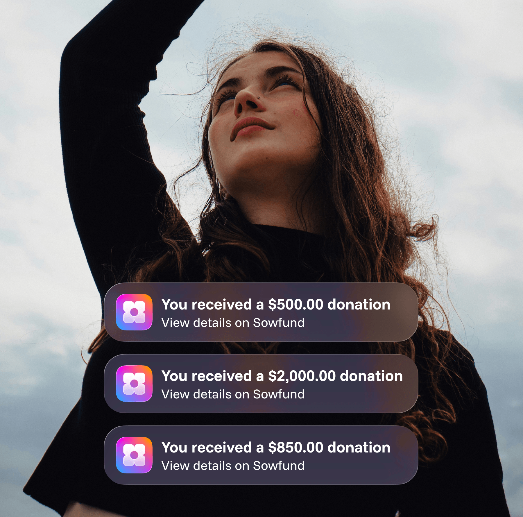 A young woman with her arm raised, gazing upward against a cloudy sky, overlaid with three Sowfund app donation notifications: "$500.00 donation," "$2,000.00 donation," and "$850.00 donation," each with a "View details on Sowfund" link.