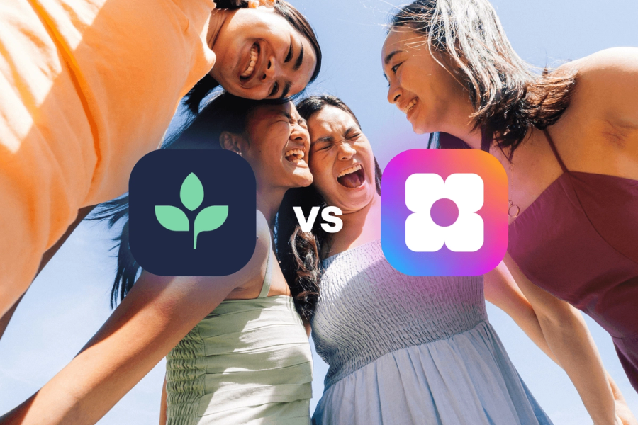 A comparison graphic of Tithe.ly vs Sowfund, with both logos overlaid on a photo of four young women laughing together in a circle against a blue sky.