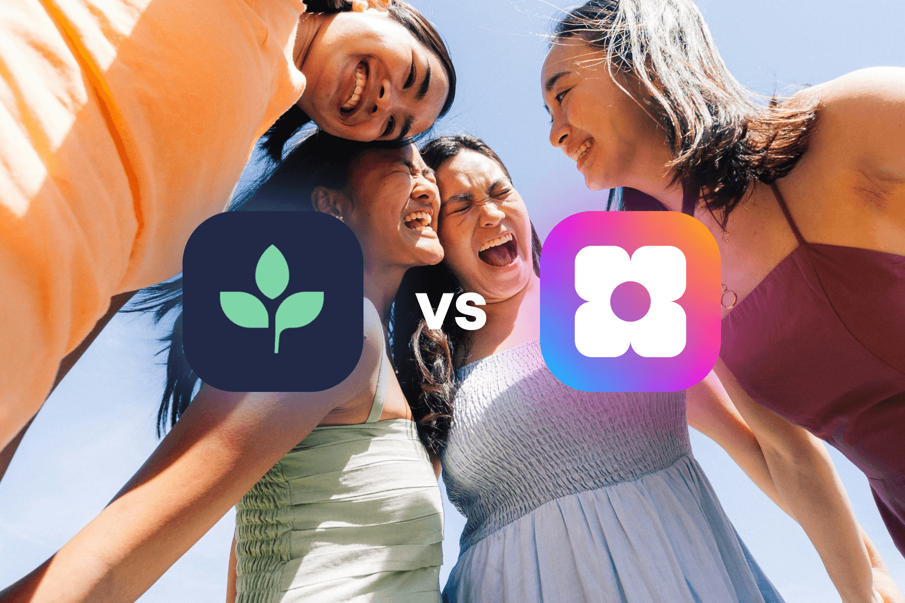 A comparison graphic of Tithe.ly vs Sowfund, with both logos overlaid on a photo of four young women laughing together in a circle against a blue sky.