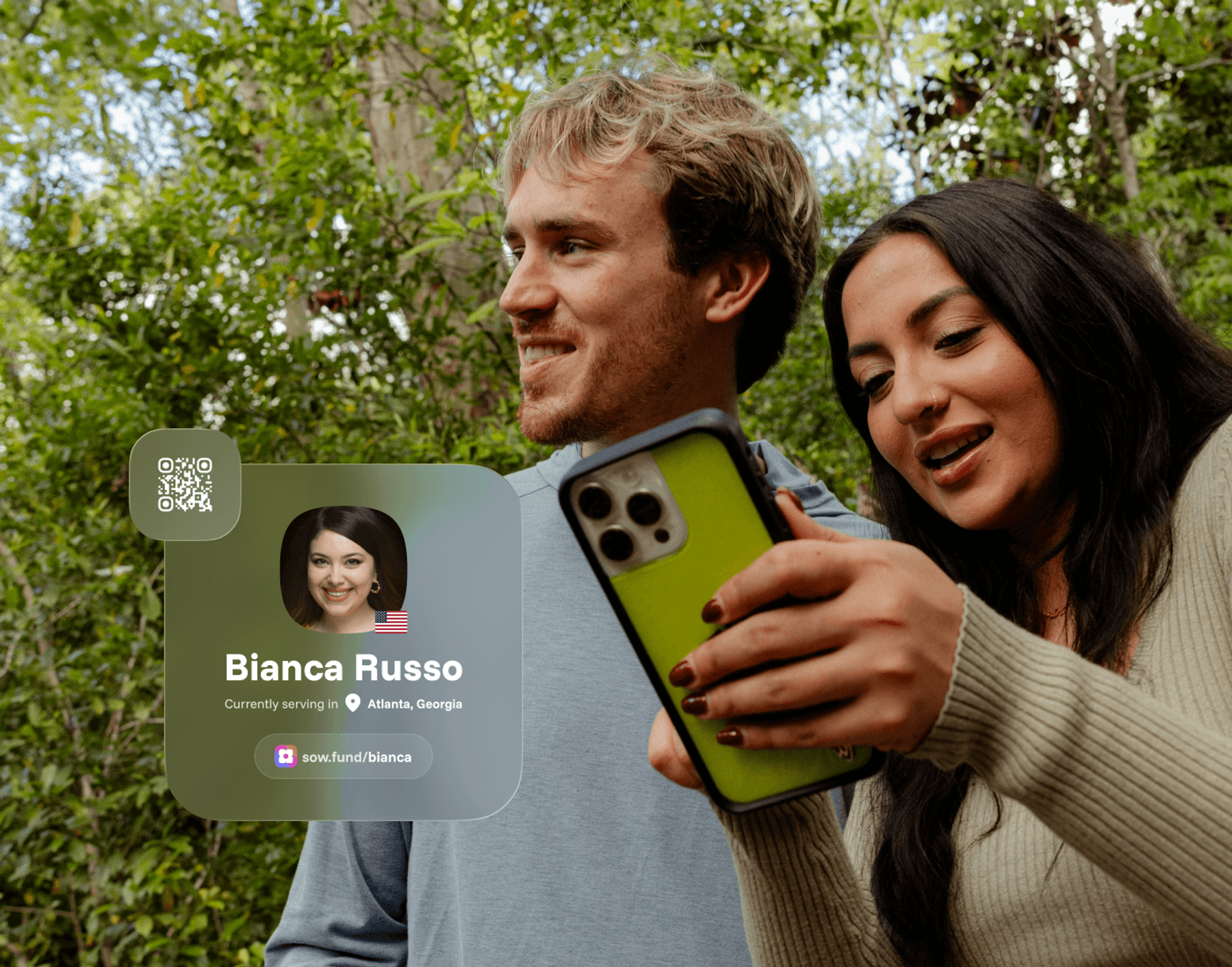 A couple outdoors looking at a phone together, with a sample Sowfund missionary profile card for "Bianca Russo — currently serving in Atlanta, Georgia" showing her profile link at sow.fund/bianca and a QR code.
