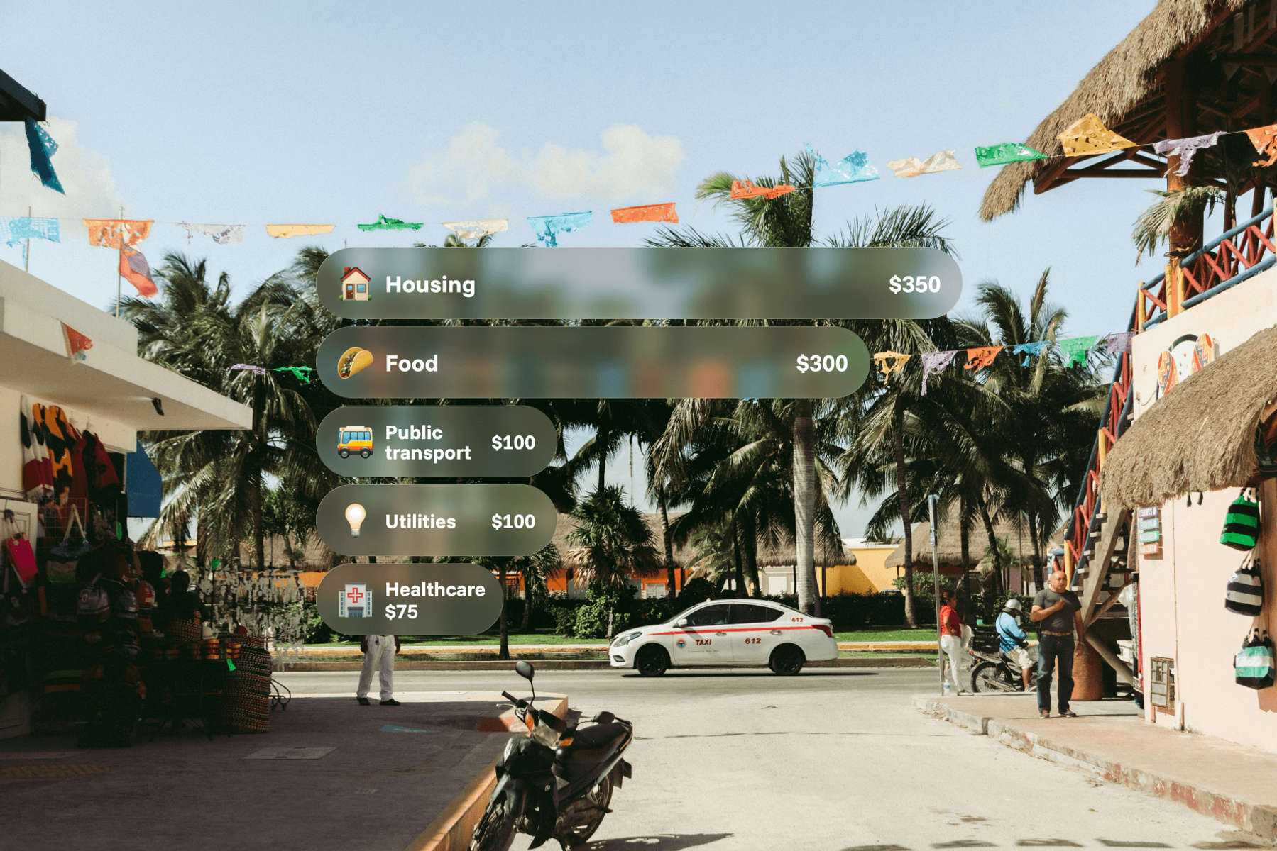 A colorful Mexican street scene with palm trees and banners, overlaid with a monthly cost of living breakdown for missionaries: Housing $350, Food $300, Public transport $100, Utilities $100, Healthcare $75.