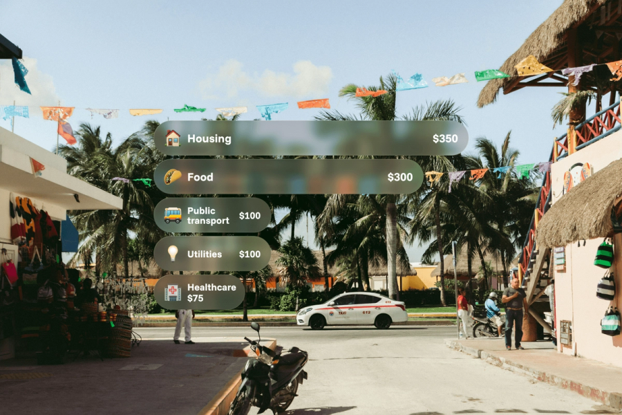 A colorful Mexican street scene with palm trees and banners, overlaid with a monthly cost of living breakdown for missionaries: Housing $350, Food $300, Public transport $100, Utilities $100, Healthcare $75.