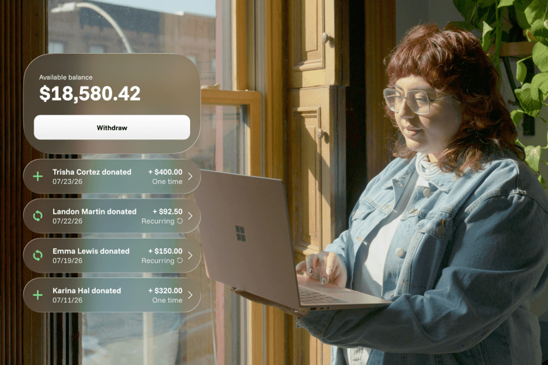 A woman with red hair and glasses holding a laptop by a sunny window, with a Sowfund dashboard showing an available balance of $18,580.42 and recent donations from Trisha Cortez, Landon Martin, Emma Lewis, and Karina Hal.
