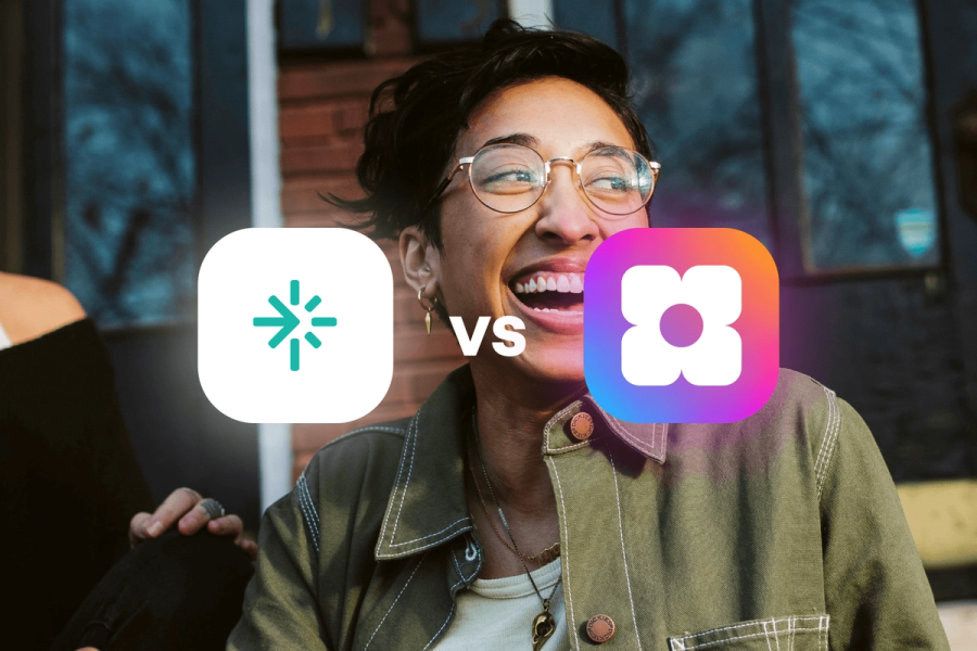 GiveSendGo vs Sowfund — a comparison graphic showing both app logos side by side over a background photo of a laughing woman with glasses.