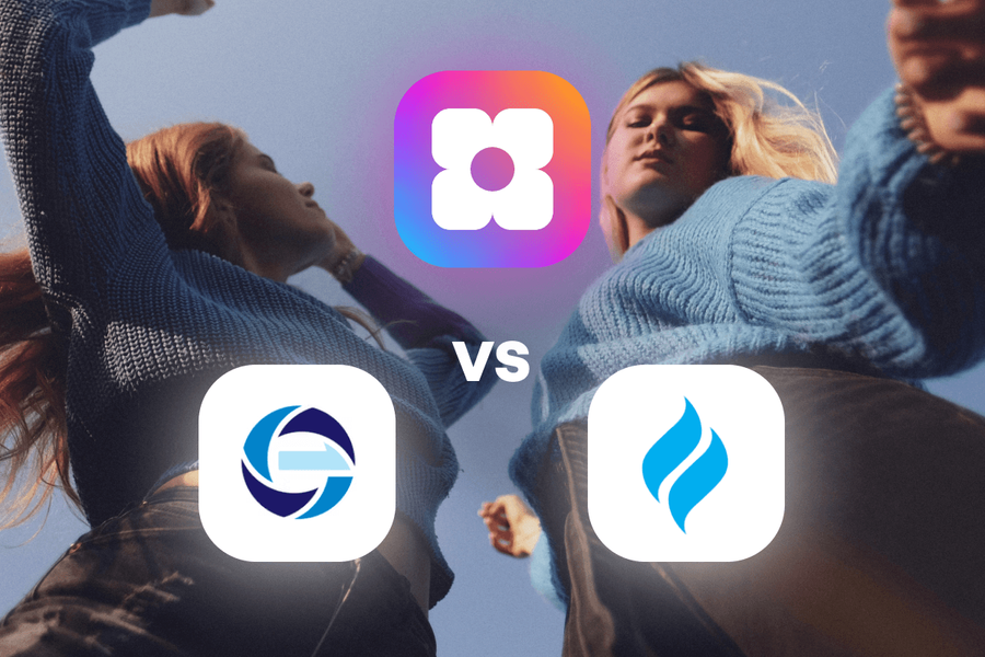 Sowfund vs EquipNet vs Modern Day Missions — a three-way comparison graphic showing all three app logos over a background photo of two women with arms raised against a blue sky.