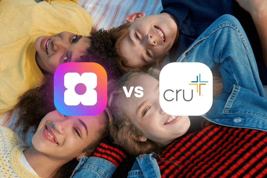 Sowfund vs Cru, a comparison graphic showing both logos side by side over a background photo of four young people lying in a circle on the ground, smiling.