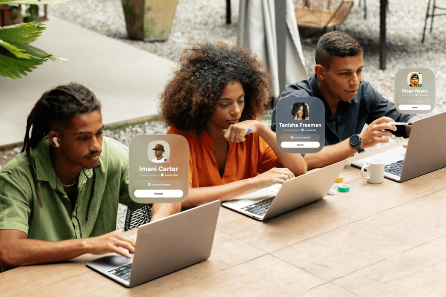Three people working on laptops at an outdoor table, with Sowfund missionary profile cards for Imani Carter (Seattle, USA), Tanisha Freeman (Portland, USA), and Diego Reyes (Curitiba, Brazil) floating nearby.