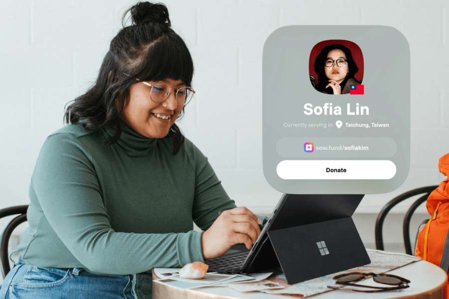 A woman with glasses smiling at her laptop, with a Sowfund missionary profile card for "Sofia Lin — currently serving in Taichung, Taiwan" with a Donate button.