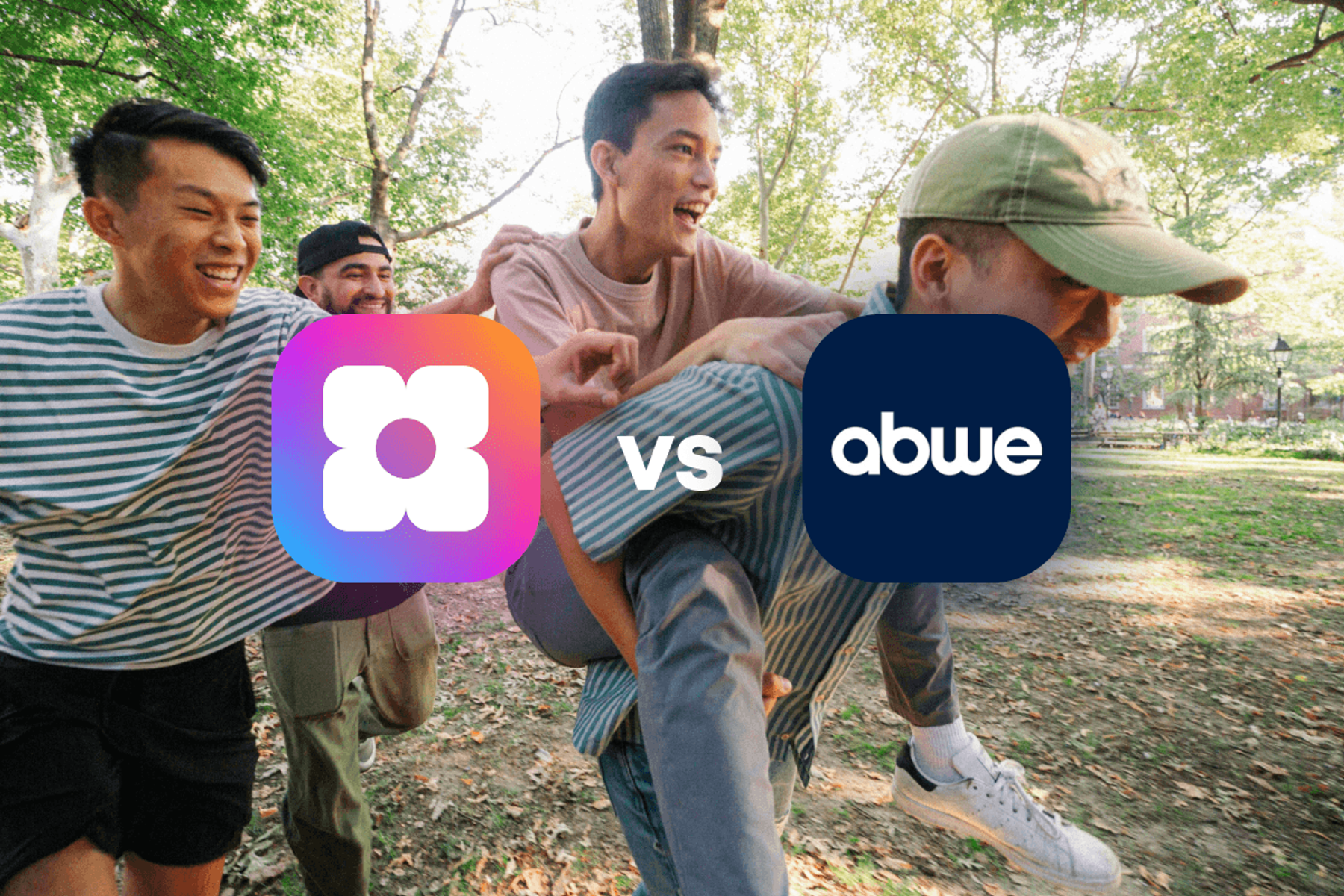 Sowfund vs ABWE, a comparison graphic showing both logos side by side over a background photo of a group of young men laughing and playing together in a park.