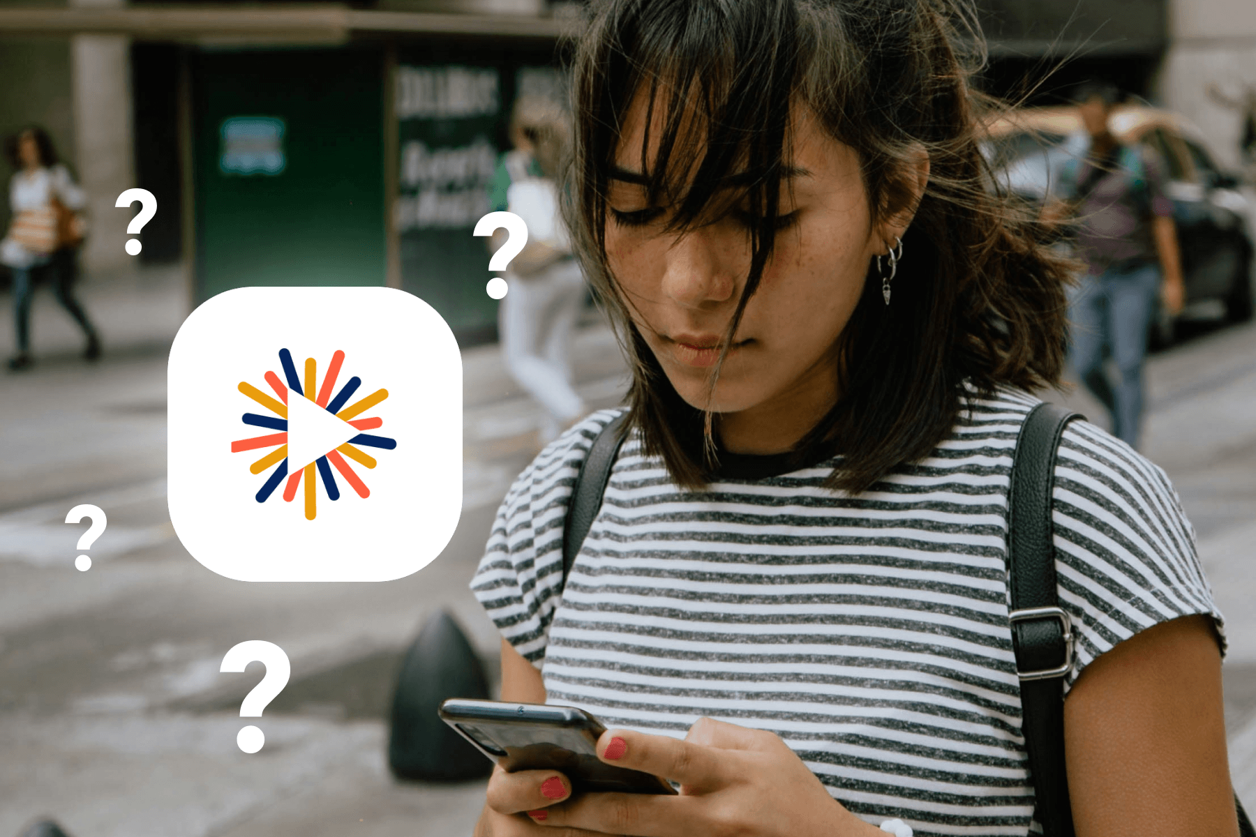 A woman looking at her phone on a busy street, with the Donorsee app logo and question marks floating around her, suggesting uncertainty about the platform's status.