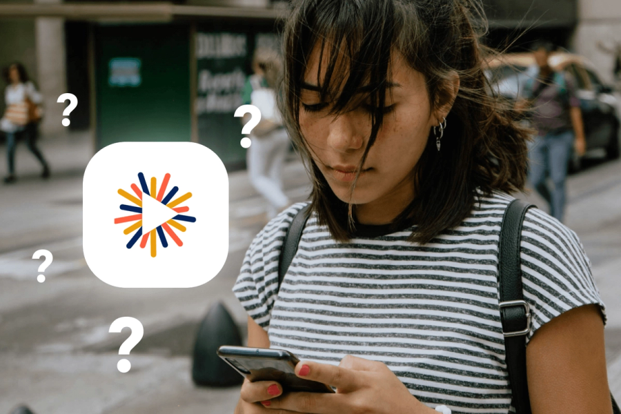 A woman looking at her phone on a busy street, with the Donorsee app logo and question marks floating around her, suggesting uncertainty about the platform's status.