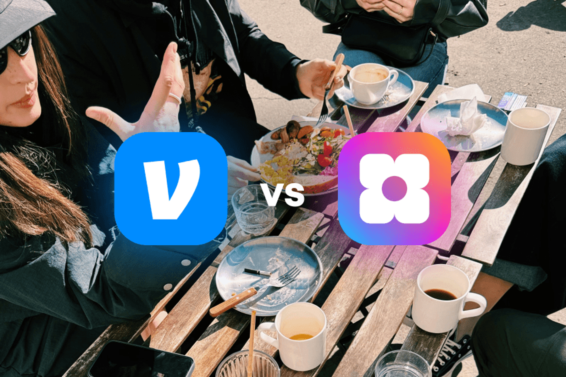 Venmo vs Sowfund — a comparison graphic showing both app logos side by side over a background photo of people eating and drinking at an outdoor café table.