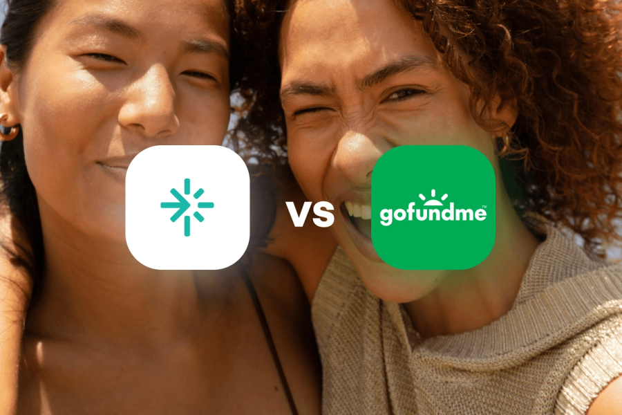 GiveSendGo vs GoFundMe — a comparison graphic showing both app logos side by side over a close-up photo of two women squinting in bright sunlight.