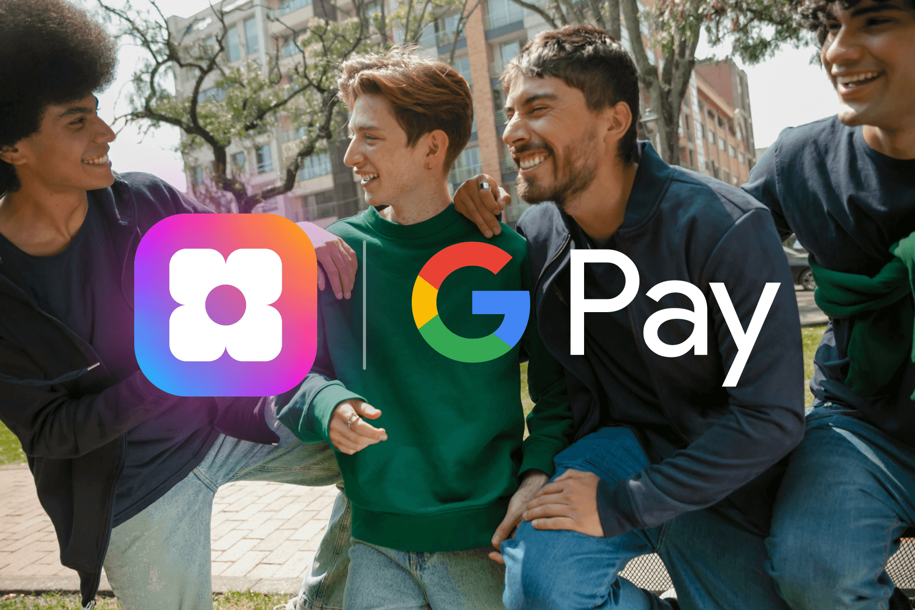 Sowfund and Google Pay logos overlaid on a photo of four young men smiling and hanging out together outdoors.