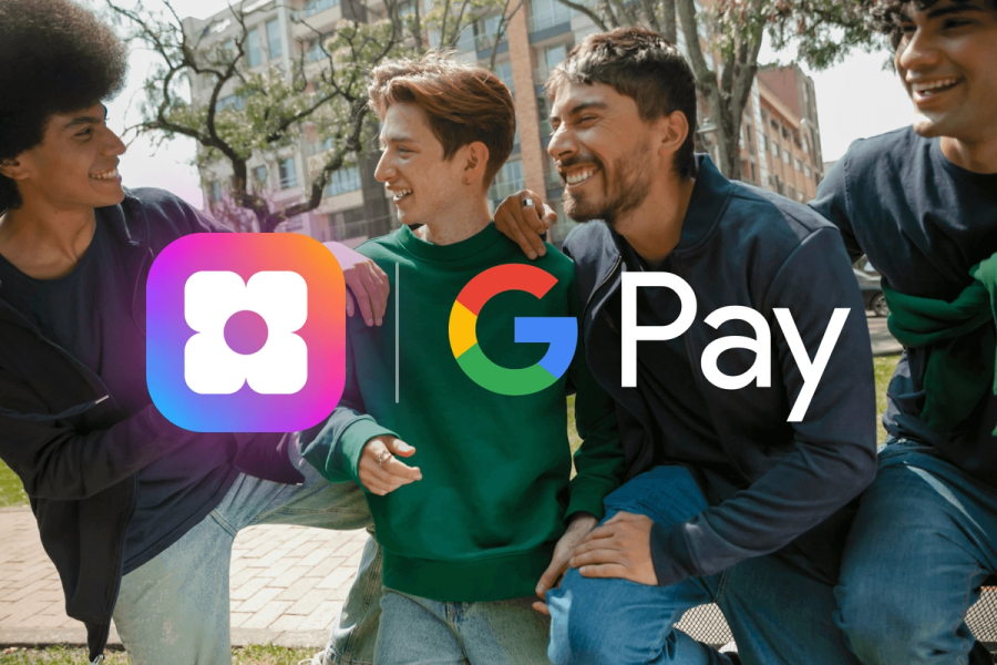 Sowfund and Google Pay logos overlaid on a photo of four young men smiling and hanging out together outdoors.