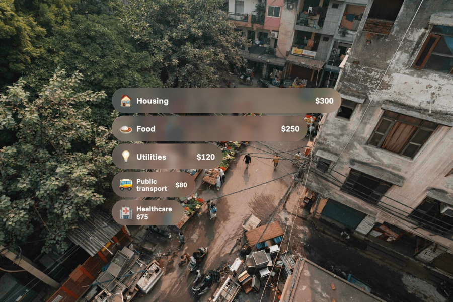 An aerial view of a busy urban street market, overlaid with a monthly cost of living breakdown for missionaries in the Philippines: Housing $300, Food $250, Utilities $120, Public transport $80, Healthcare $75.