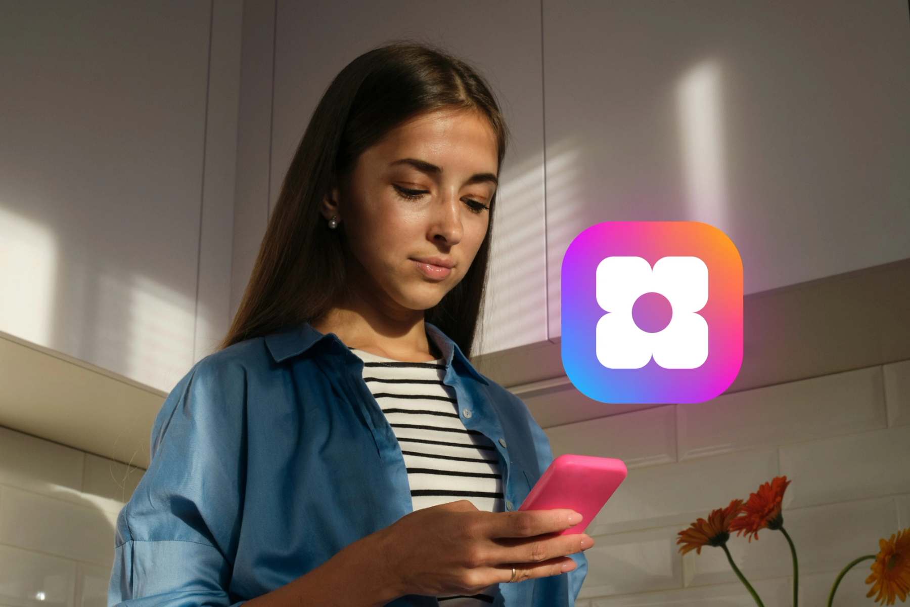What is Sowfund - Female looking at her phone with a large Sowfund logo hovering above.
