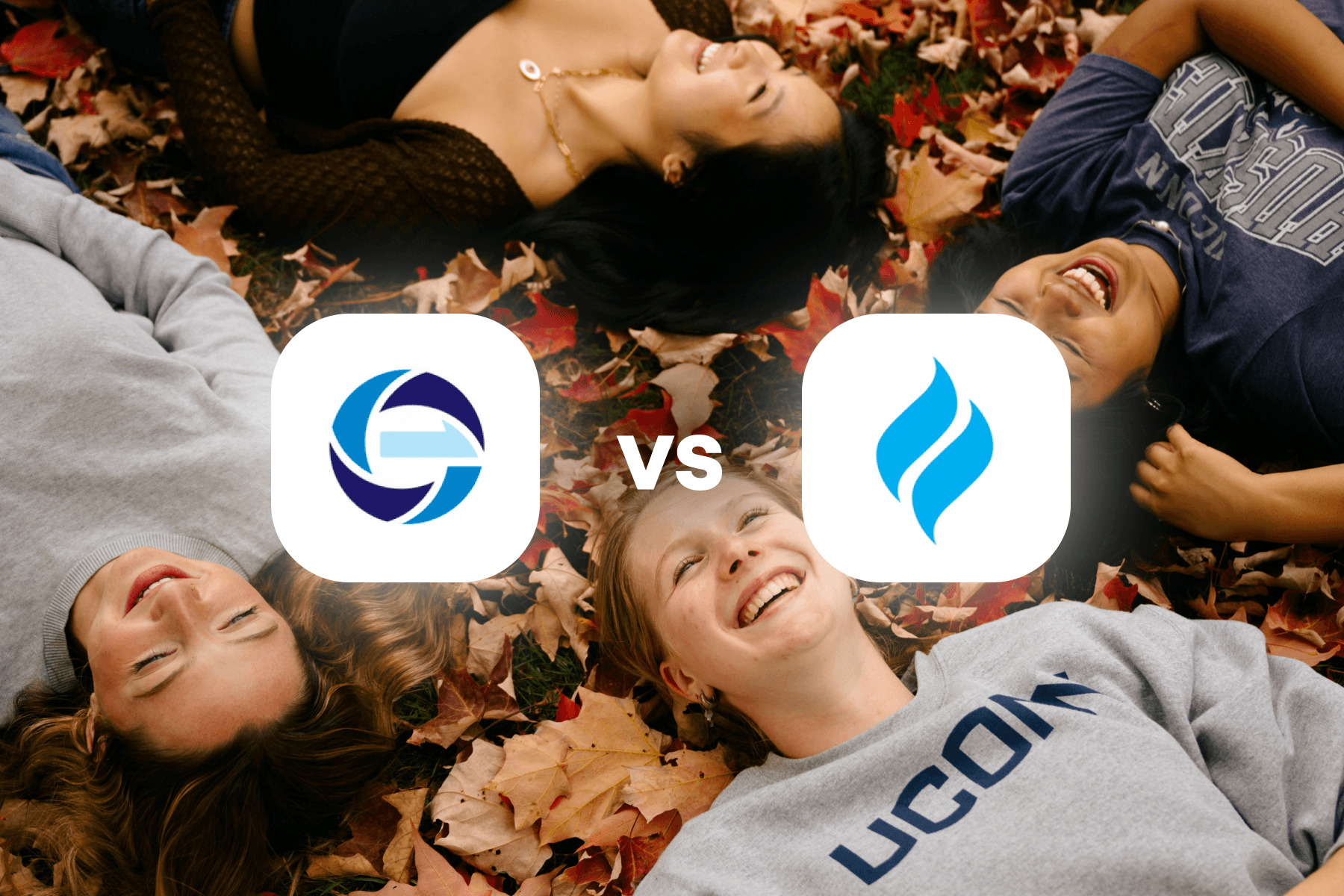 EquipNet vs Modern Day Missions — a comparison graphic showing both app logos side by side over a background photo of four people lying in autumn leaves laughing.