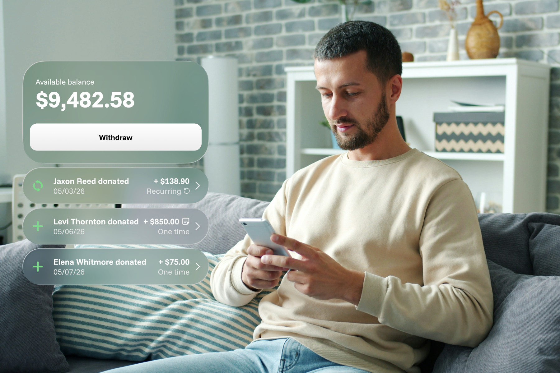 A man relaxes on a couch browsing his phone. A Sowfund wallet overlay shows an available balance of $9,482.58 with a Withdraw button, and a list of recent donations — including recurring and one-time gifts from supporters.
