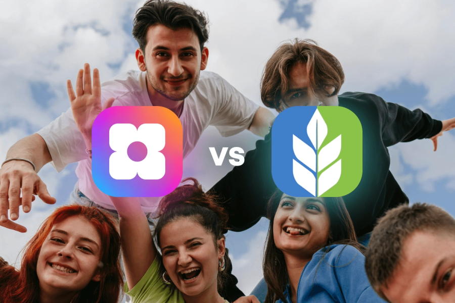 Sowfund vs Mission Quest — a comparison graphic showing both app logos side by side over a background photo of a group of young people laughing and celebrating outdoors.