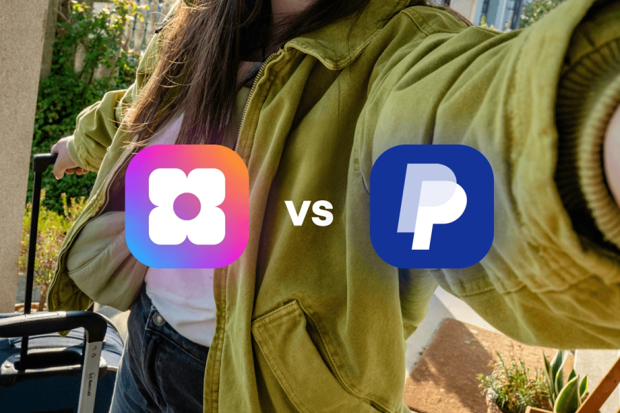 Sowfund vs PayPal — a comparison graphic showing both app logos side by side over a background photo of a woman with a suitcase.