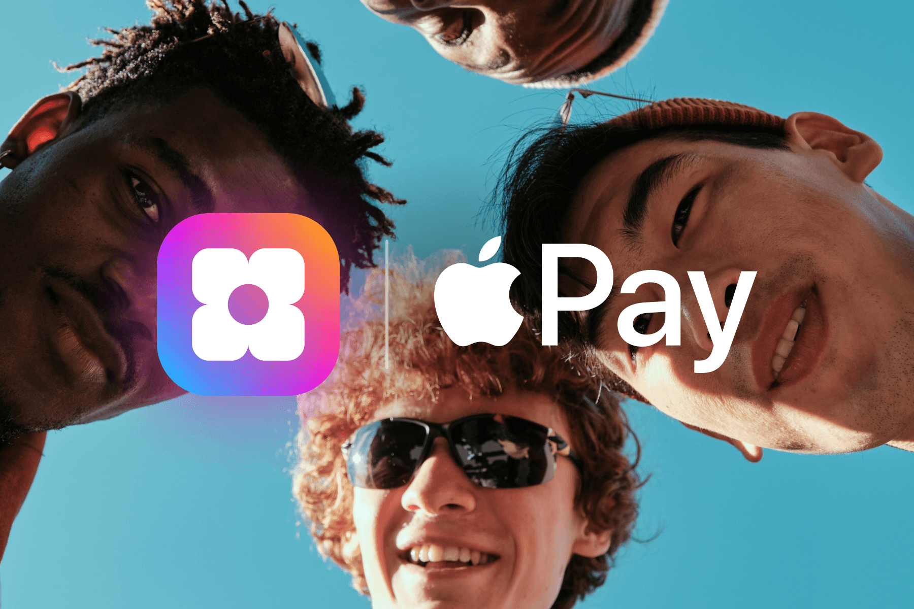 Sowfund and Apple Pay logos overlaid on a photo of three friends huddled together smiling against a blue sky.