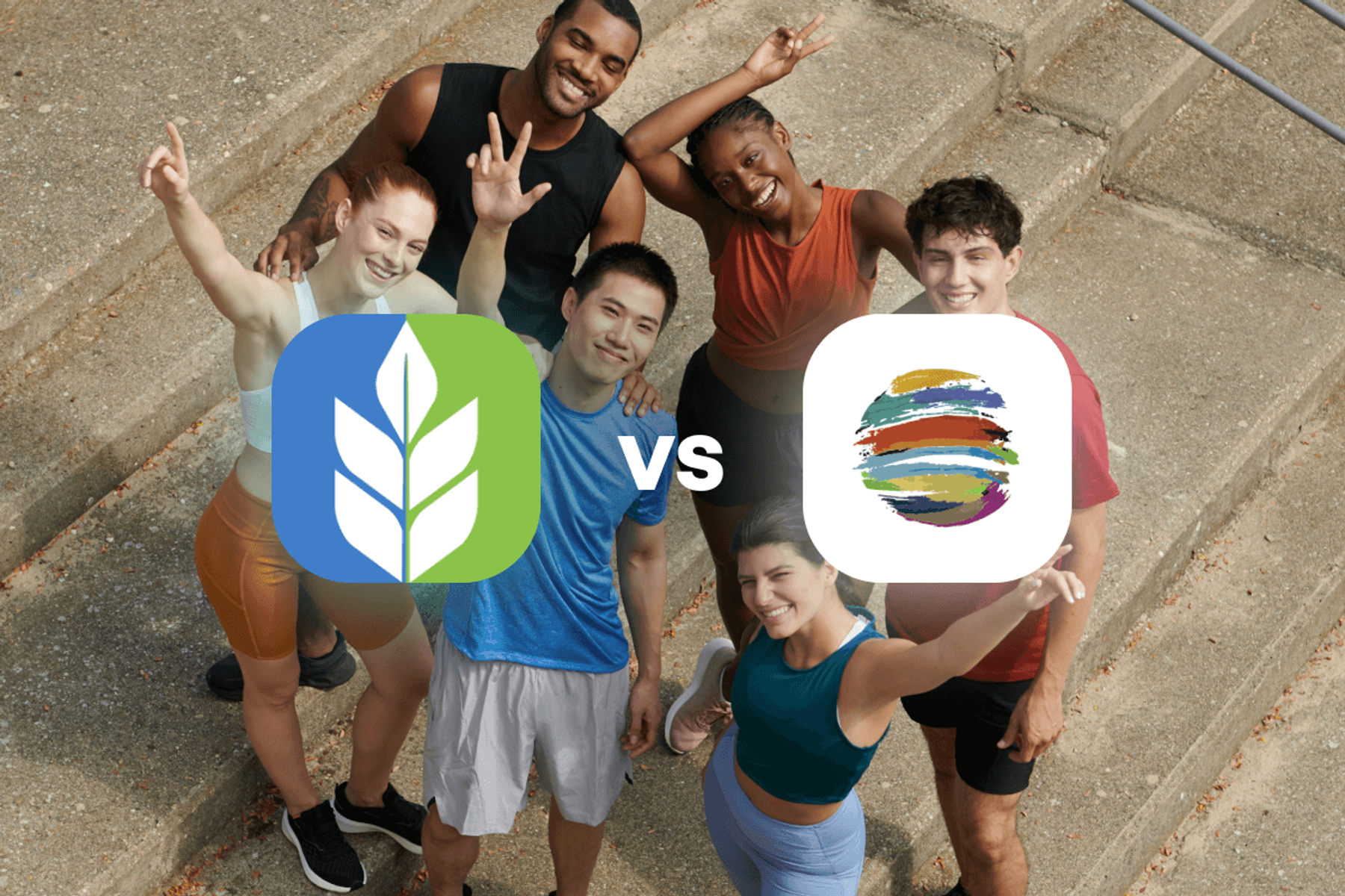 Mission Quest vs Crossworld, a comparison graphic showing both logos over a background photo of six friends posing together on outdoor steps.