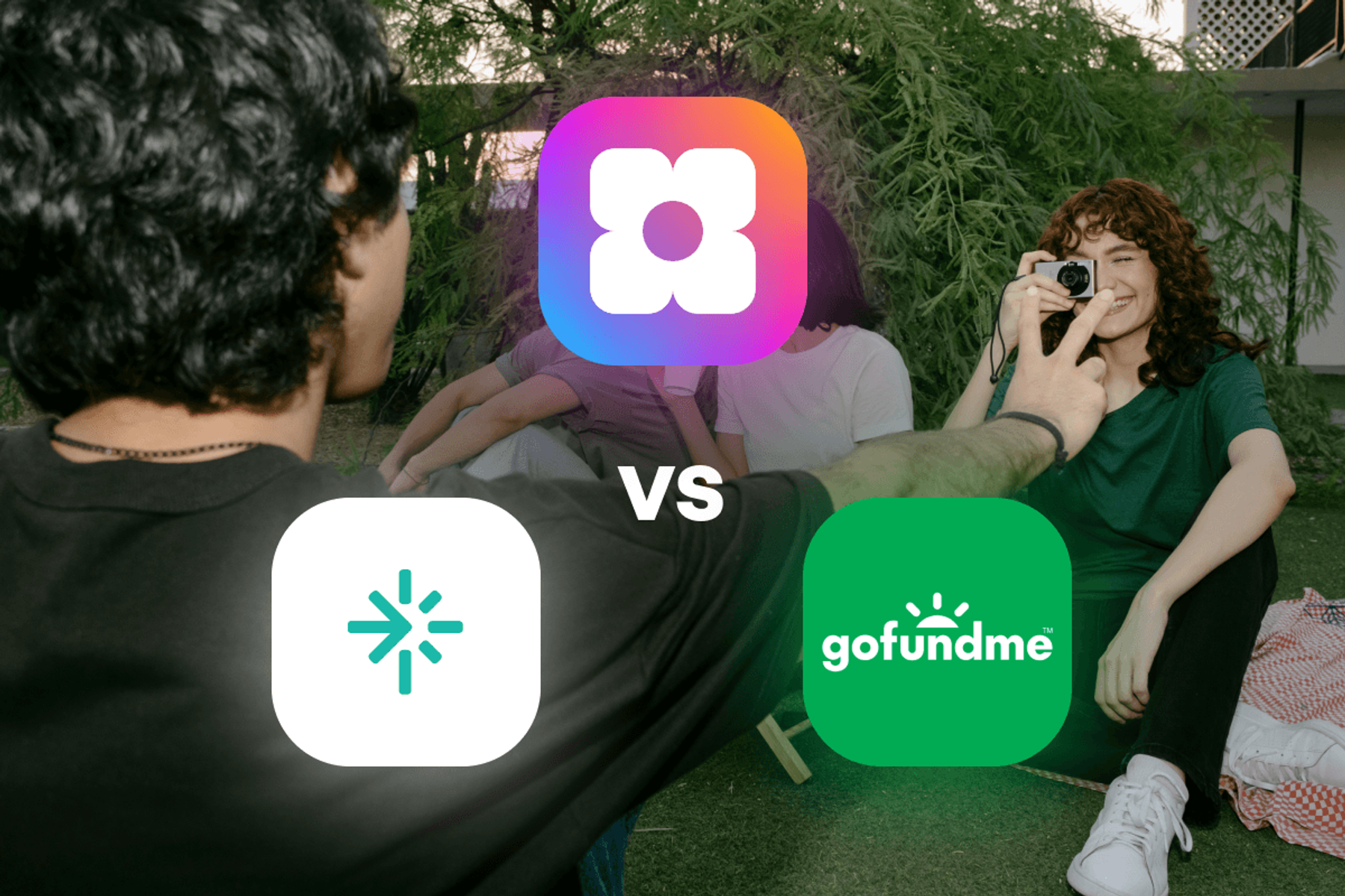 Sowfund vs GiveSendGo vs GoFundMe, a three-way comparison graphic showing all three app logos over a background photo of two people relaxing on a lawn.
