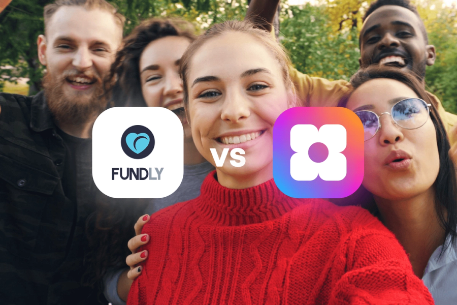 Fundly vs Sowfund — a comparison graphic showing both app logos side by side over a background photo of five friends smiling together in a group selfie.