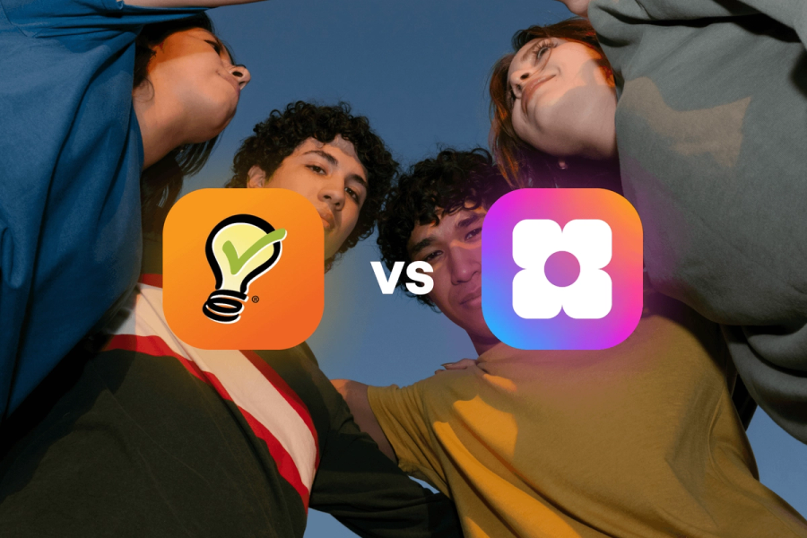SignUpGenius vs Sowfund — a comparison graphic showing both app logos side by side over a background photo of four young people in a huddle looking up at the camera.