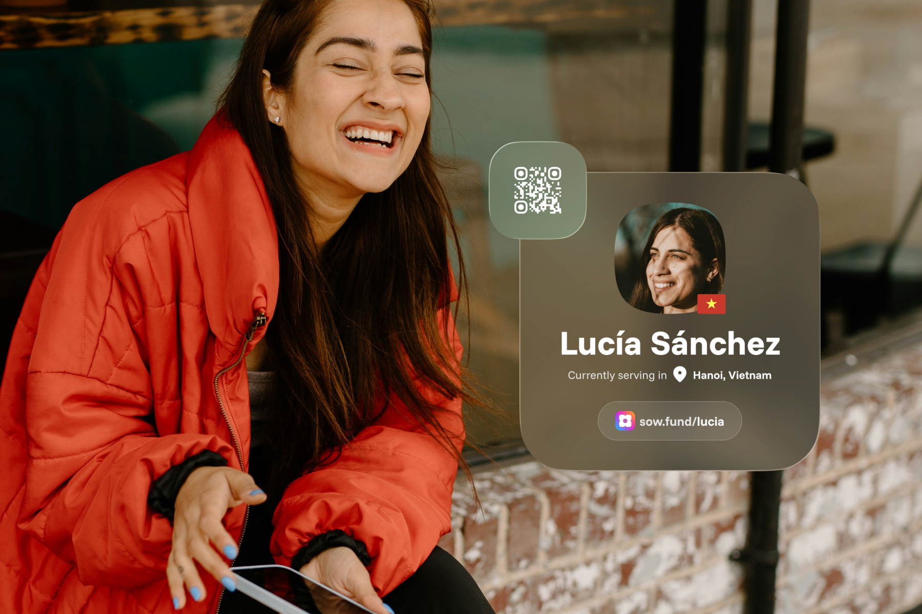 A laughing woman in a red jacket sits outdoors. A Sowfund profile card overlay shows missionary Lucía Sánchez, currently serving in Hanoi, Vietnam, with her personalized link sow.fund/lucia and a QR code for easy sharing.