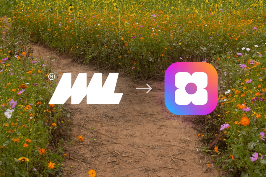 The Marked Label logo with an arrow pointing to the Sowfund logo, overlaid on a photo of a winding dirt path through a vibrant wildflower field.