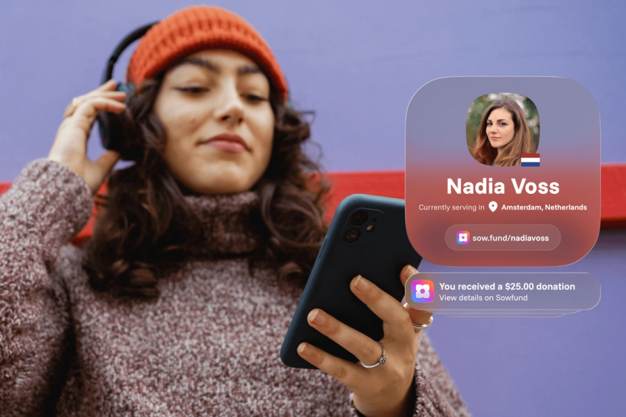 A woman with headphones and an orange beanie looking at her phone, with a Sowfund missionary profile for "Nadia Voss — currently serving in Amsterdam, Netherlands" at sow.fund/nadiavoss, and a $25.00 donation notification.