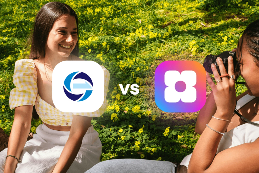 EquipNet vs Sowfund — a comparison graphic showing both app logos side by side over a background photo of two women outdoors in a flower field.