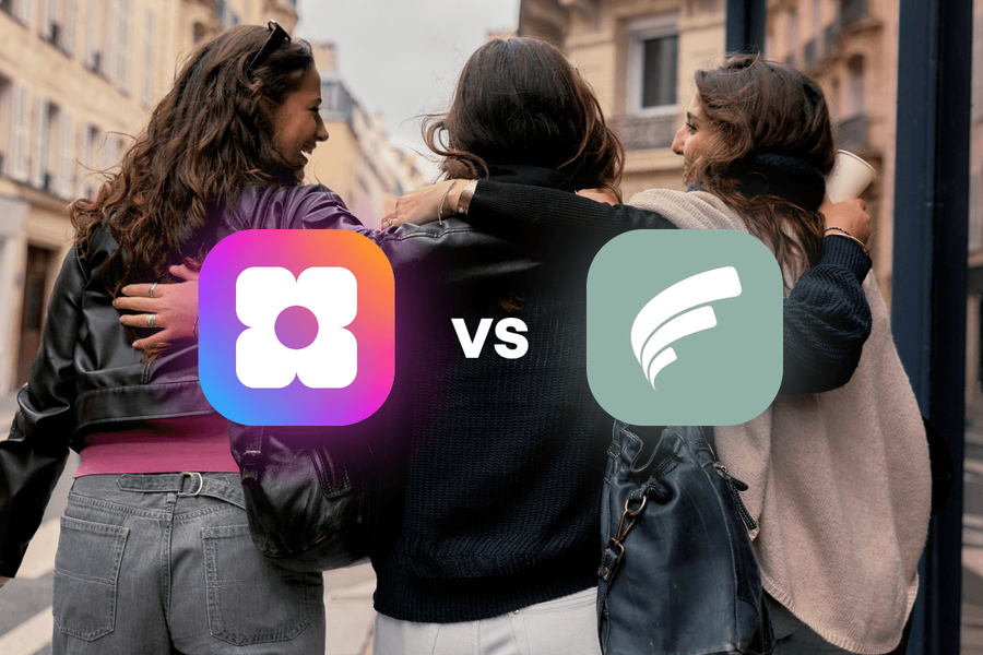 Sowfund vs Frontiers USA, a comparison graphic showing both logos over a background photo of three women walking arm in arm down a European street.