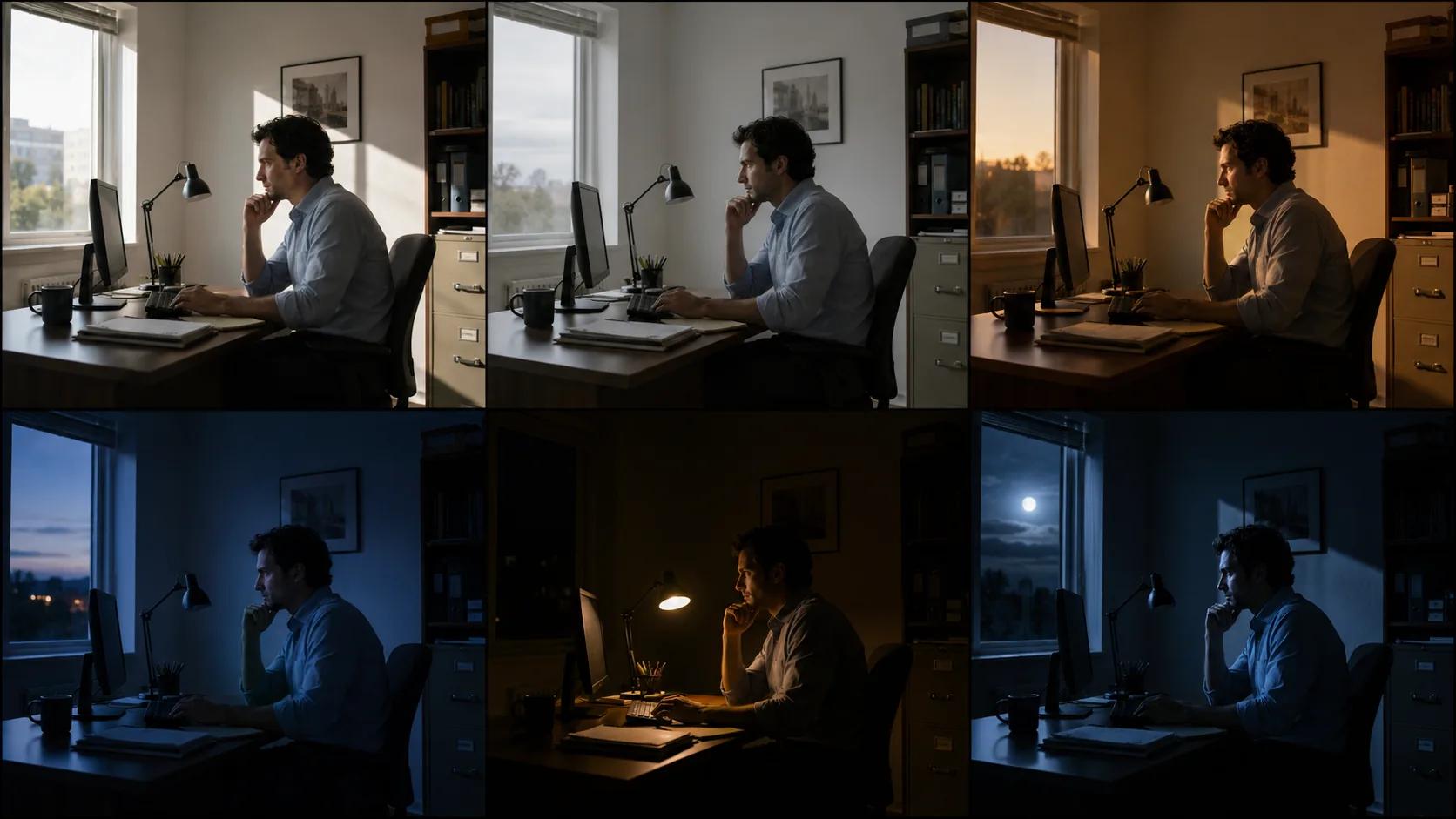 Six-panel grid of the same office scene under different lighting setups