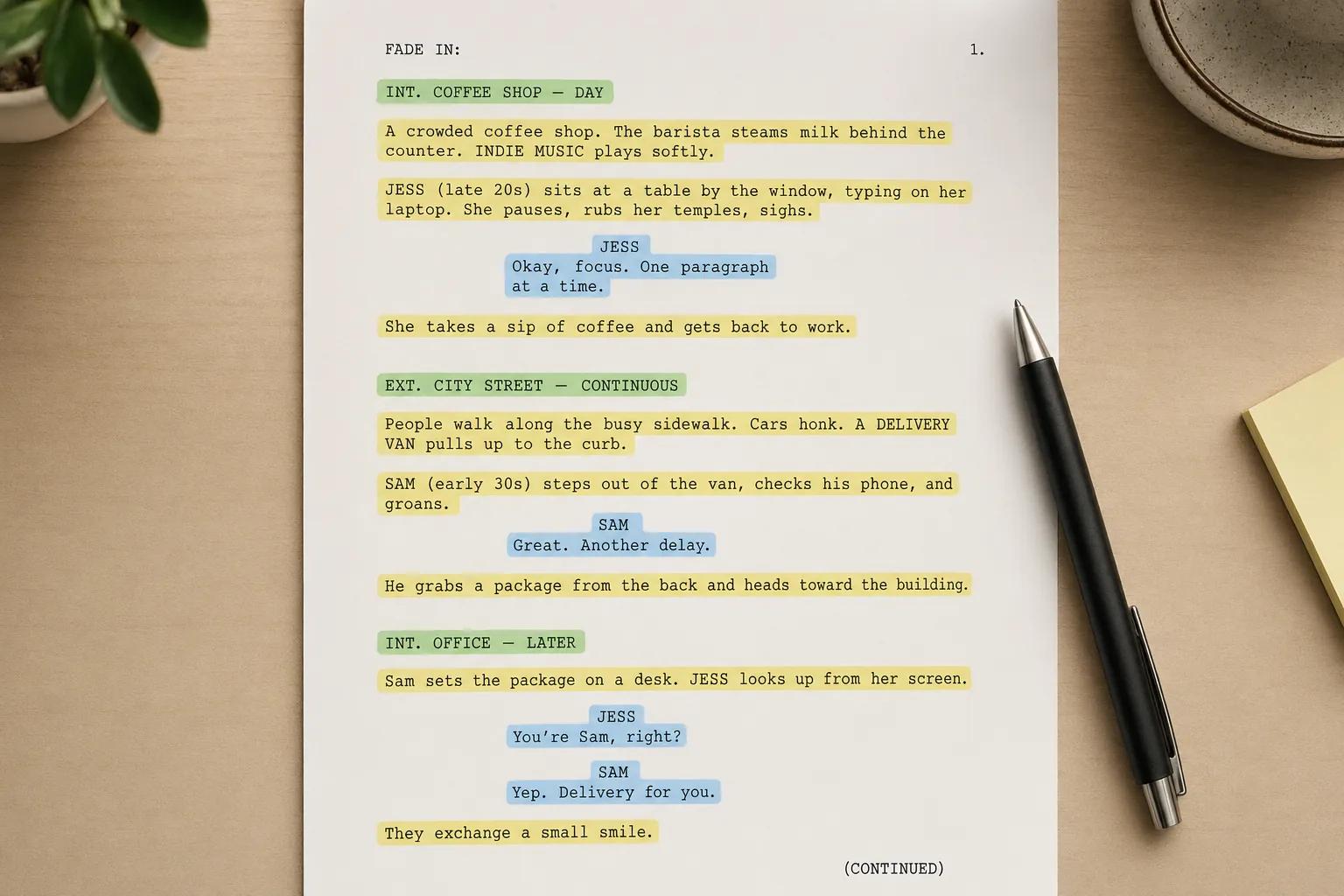 A script page with color-coded highlights marking action lines, dialogue, and scene locations