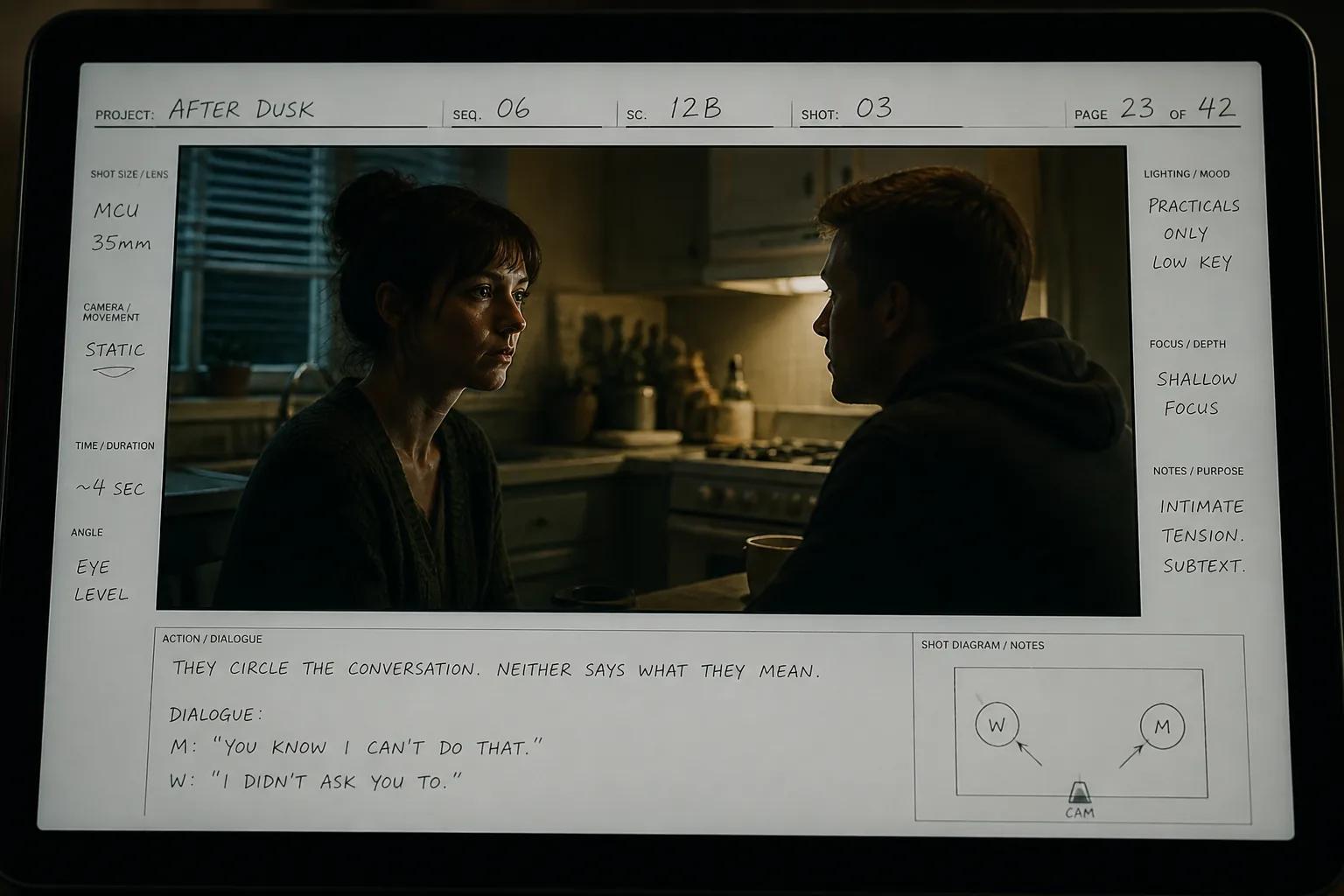 Single AI-generated storyboard panel on a tablet showing a dimly lit kitchen scene with shot notes