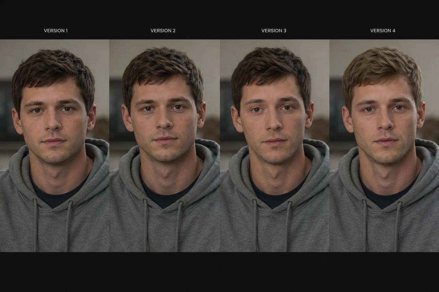 Four-panel comparison showing AI character drift — subtle inconsistencies in facial features and appearance across generated scenes
