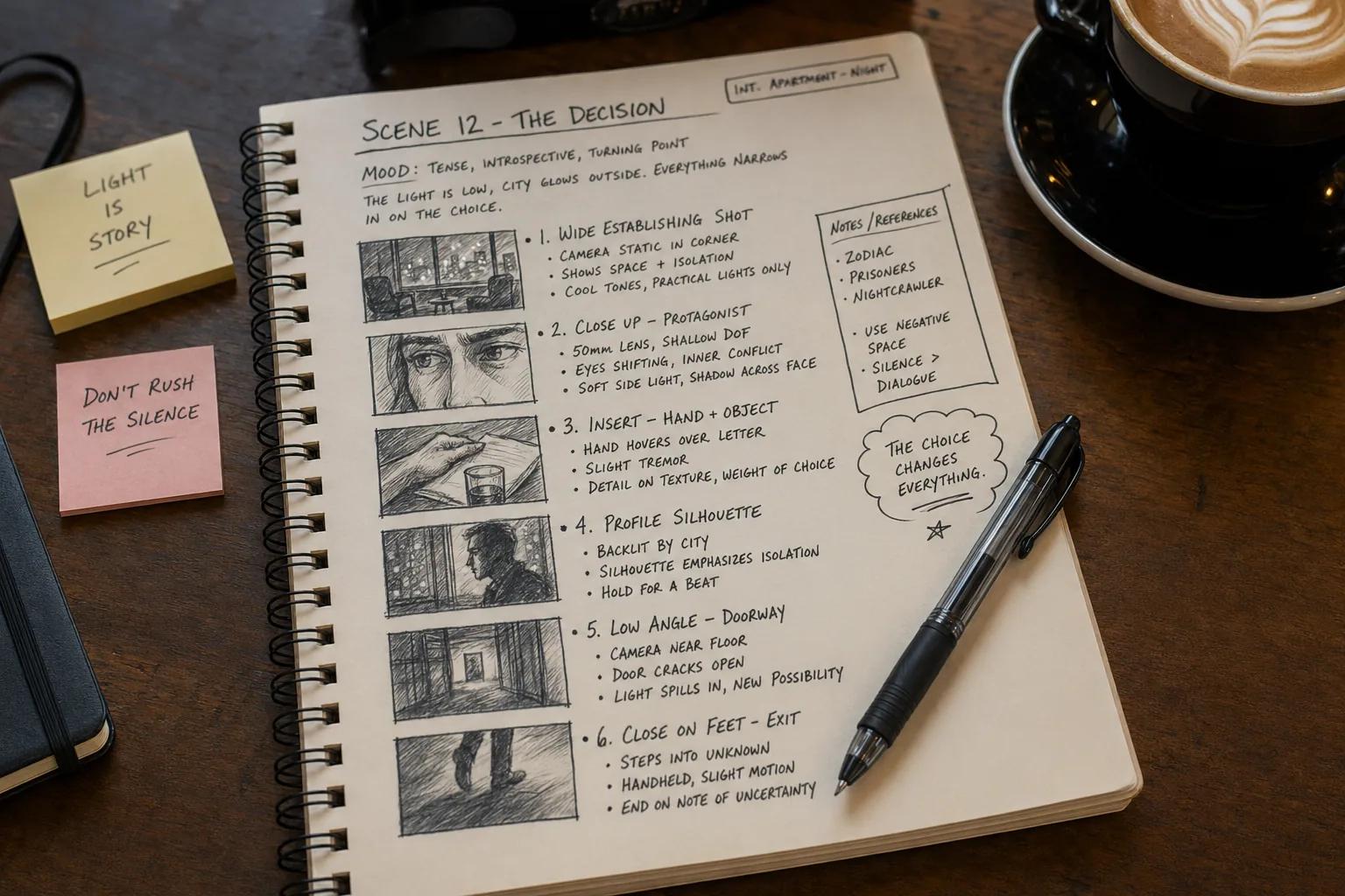 A notebook with handwritten storyboard prompts describing camera angles and mood for each scene panel