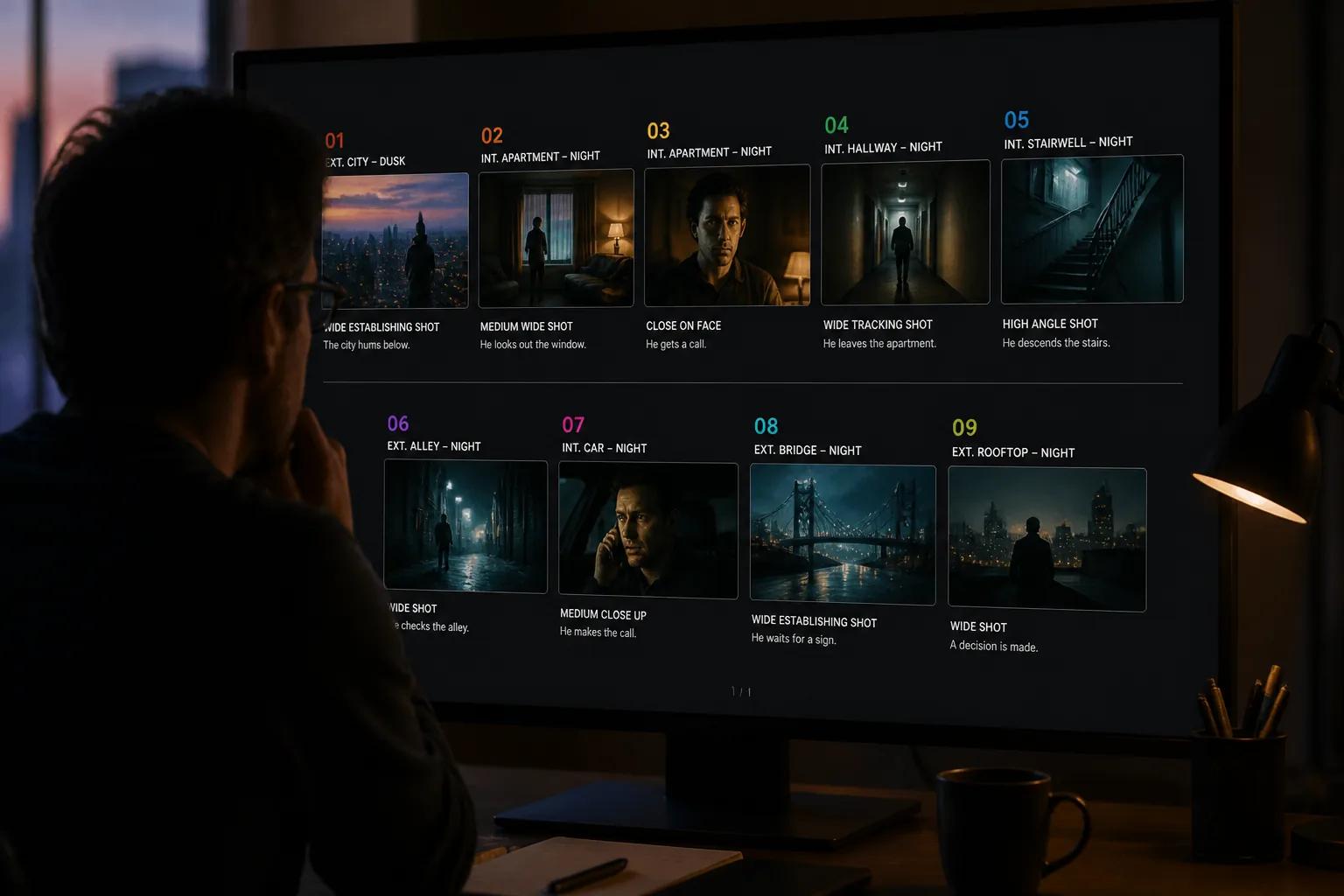 A director reviewing a horizontal sequence of AI-generated storyboard panels on a monitor, organized by scene