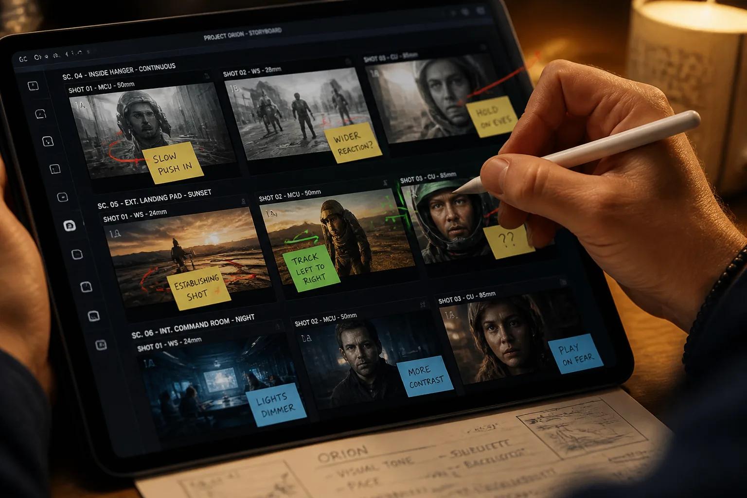 Close-up of a filmmaker's hand annotating an AI-generated storyboard panel on a tablet with arrows and notes