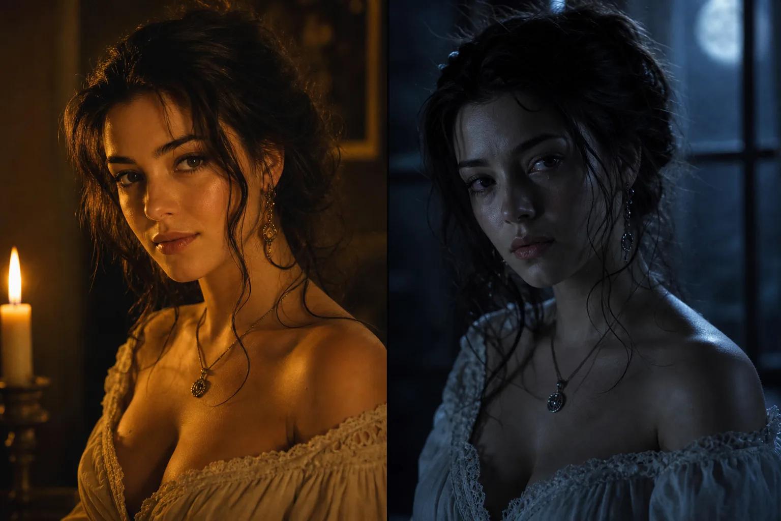 Split-screen comparison of warm amber and cool blue lighting on the same portrait