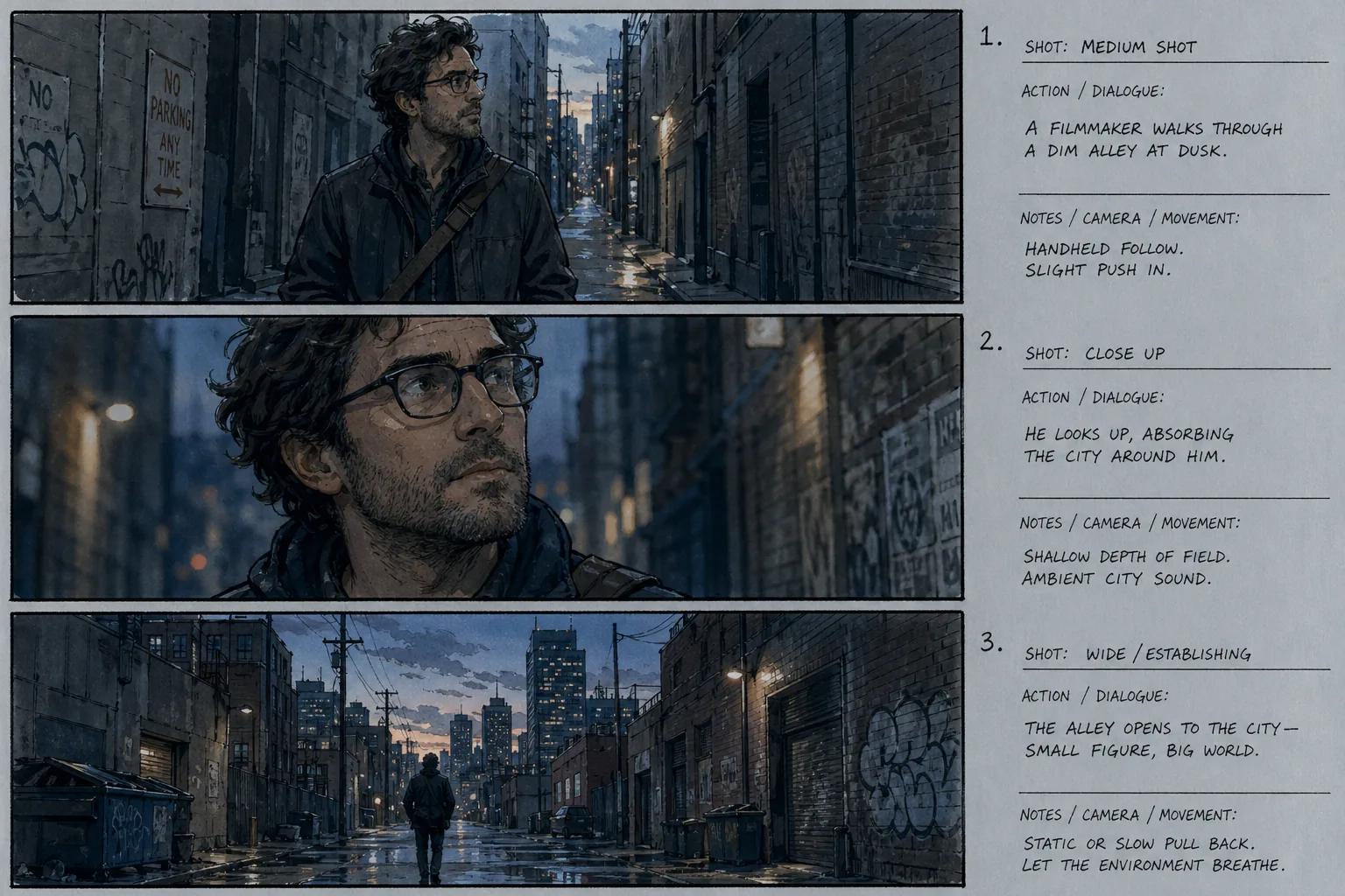 Three-panel AI-generated storyboard sequence showing scene progression from medium to close-up to wide shot
