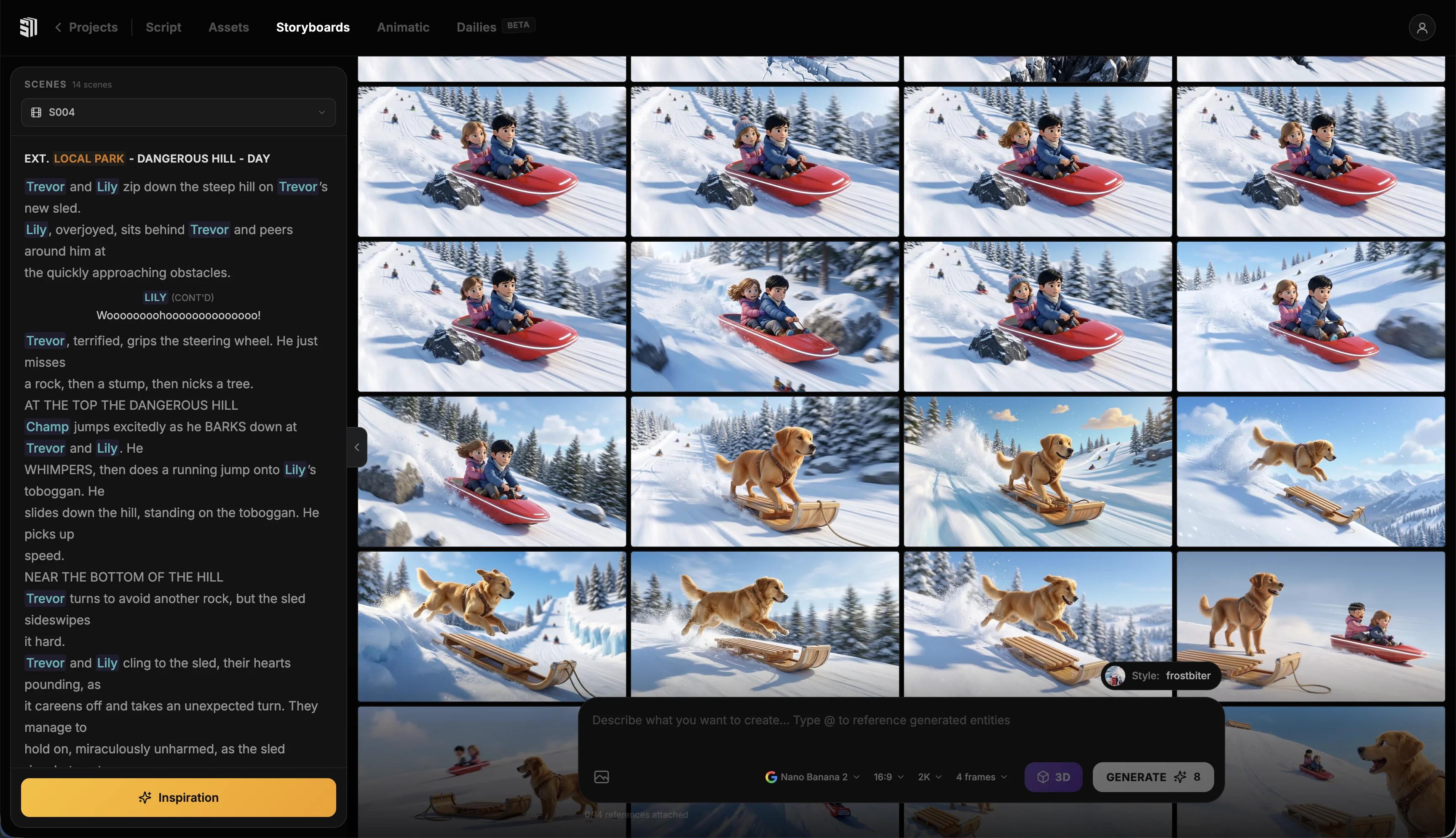 Storytella interface showing a written scene prompt being rendered into a cinematic film scene.