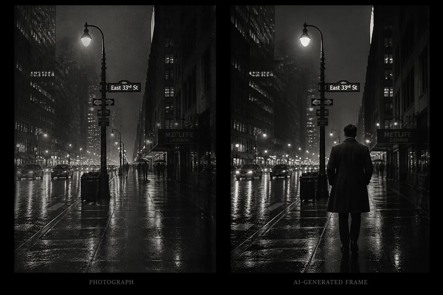 Reference photograph next to an AI-generated film frame showing matched mood, color, and lighting.
