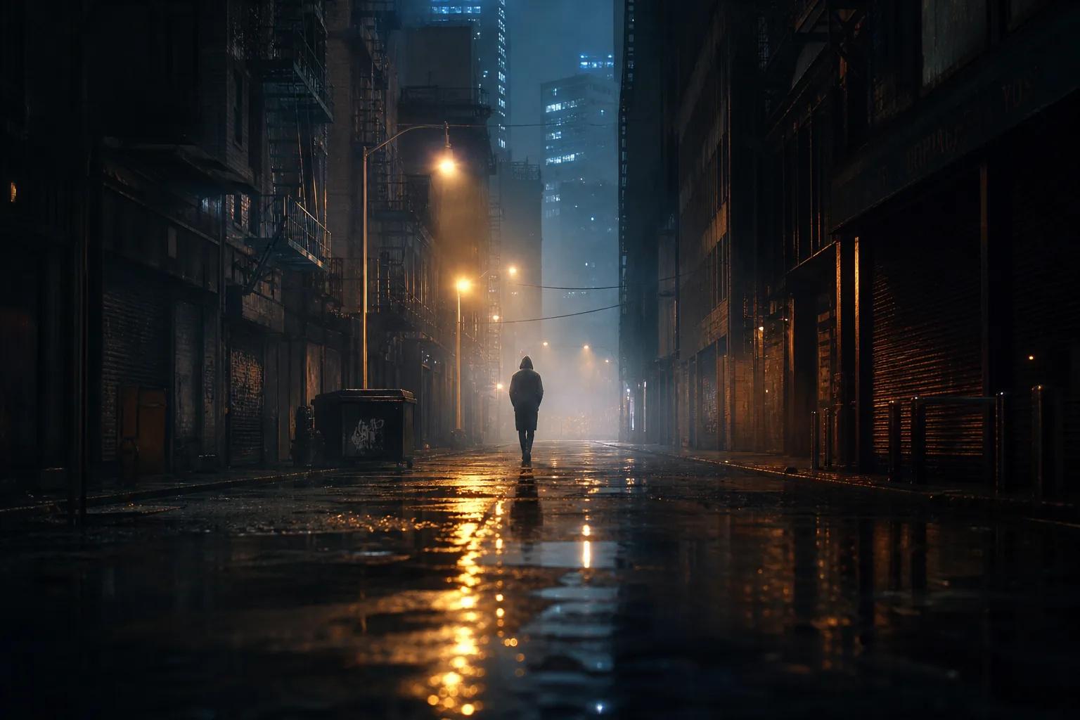 Figure walking through foggy alley with volumetric streetlight beams and reflections
