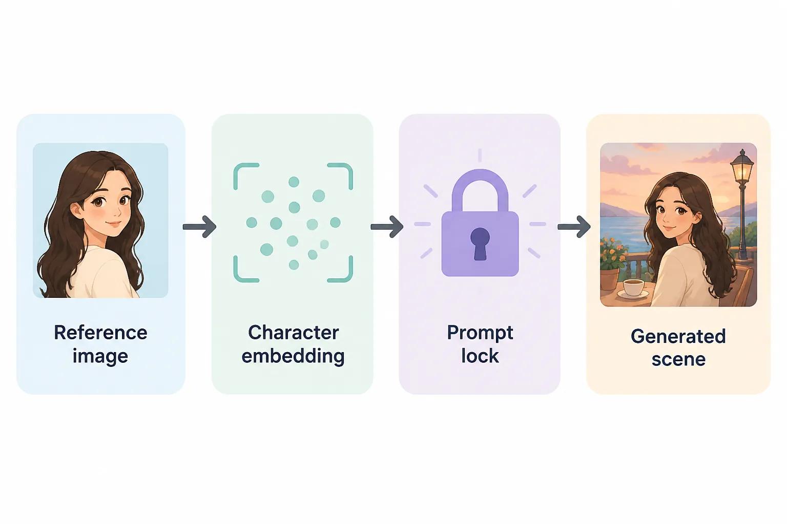 Diagram showing how a character reference becomes a consistent generated scene through embeddings and prompt locks.