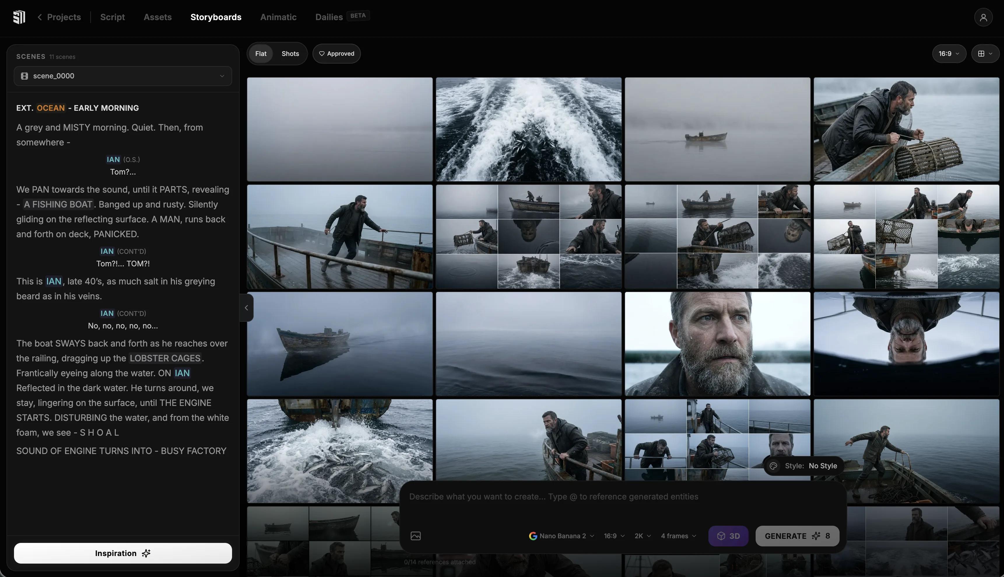 Storytella platform showing a multi-scene film project with consistent characters across the timeline.
