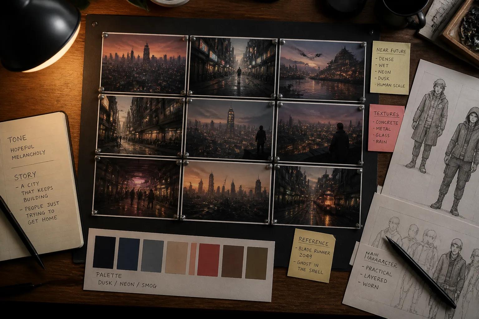 A film moodboard wall of nine AI-generated concept stills used to plan a film's look.